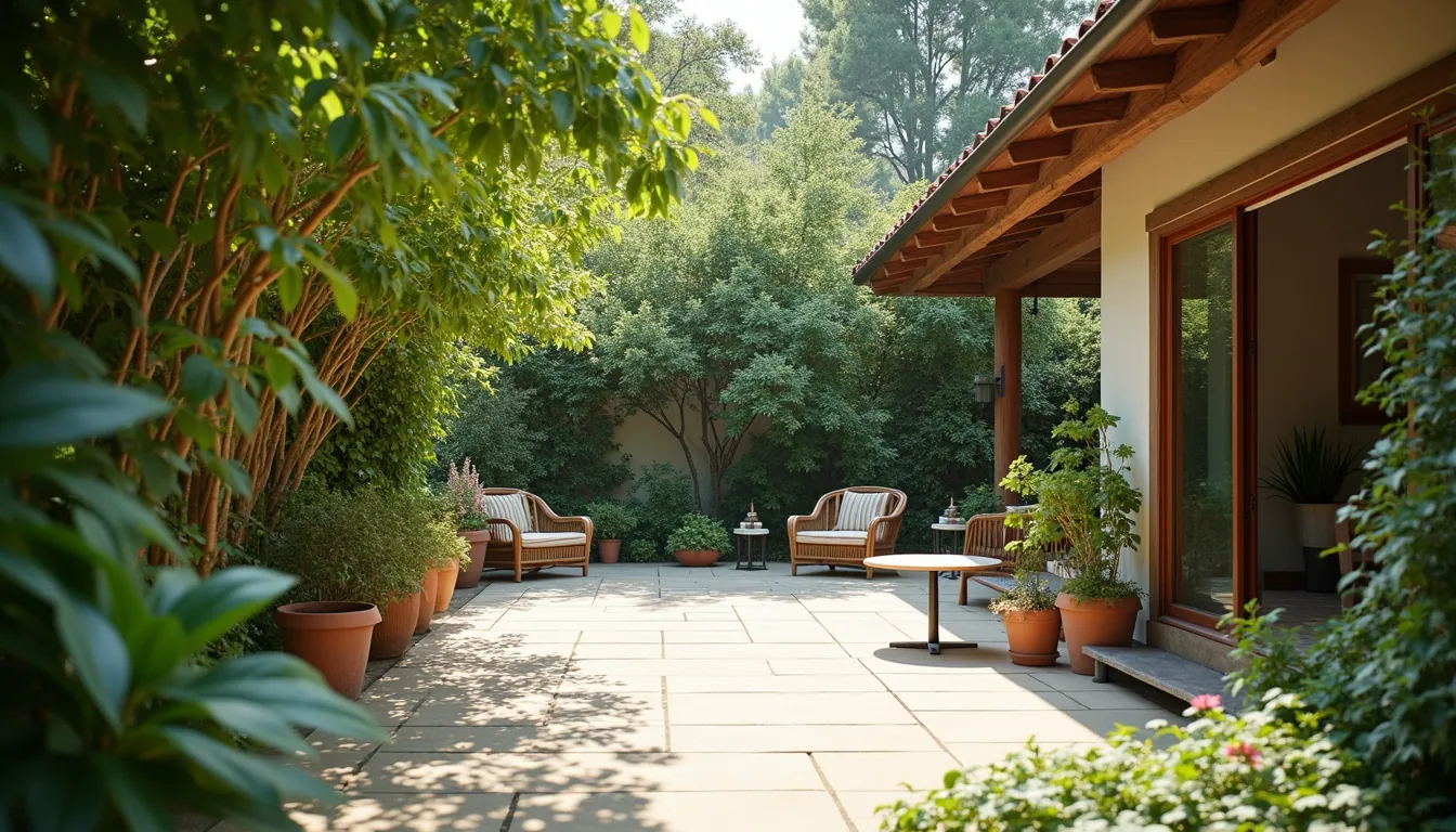 Wide angle view of outdoor patio surrounded by lush greenery