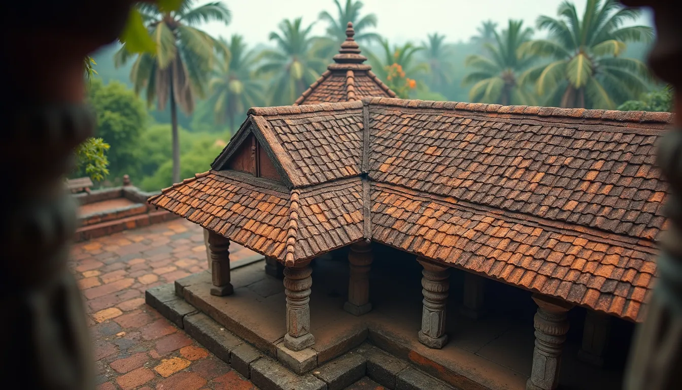 High angle view of an ancient Kerala temple roof with traditional tiles