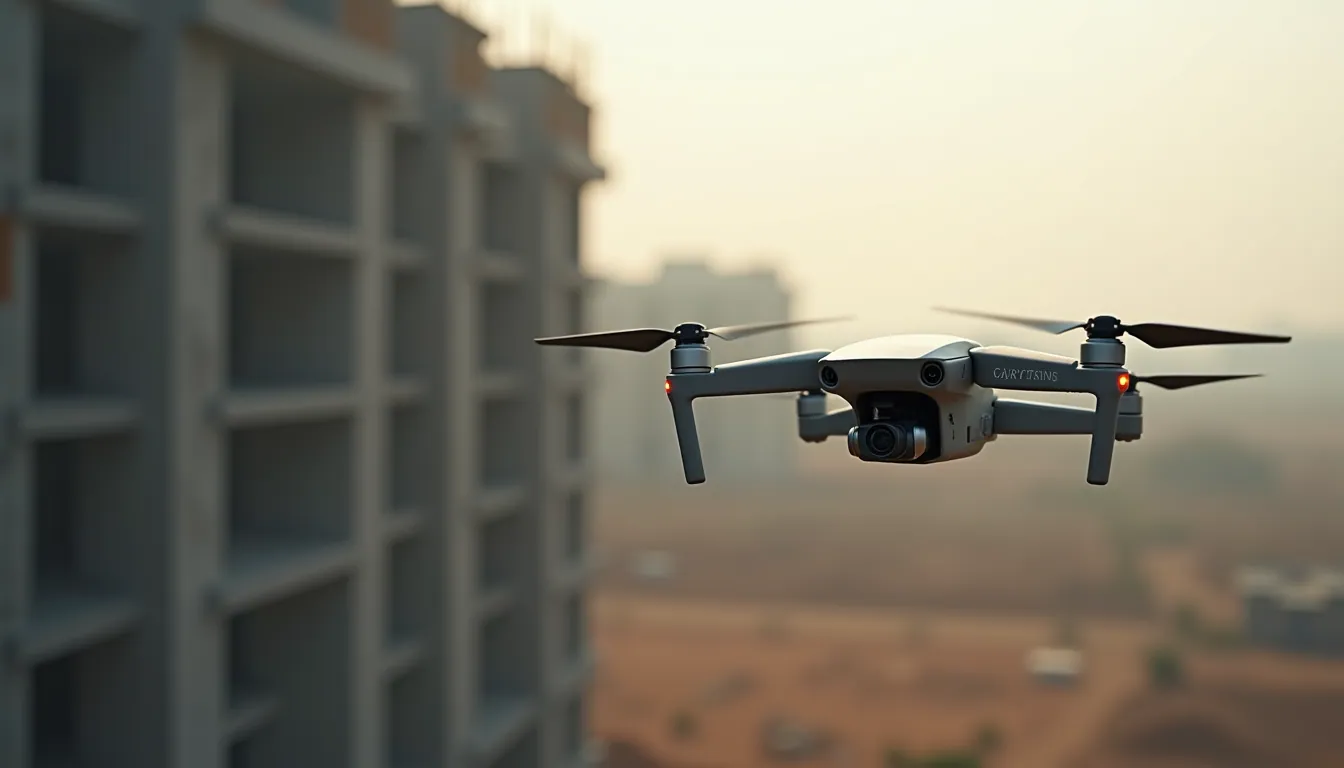 Close-up view of a drone surveying an Indian construction site with AI technology