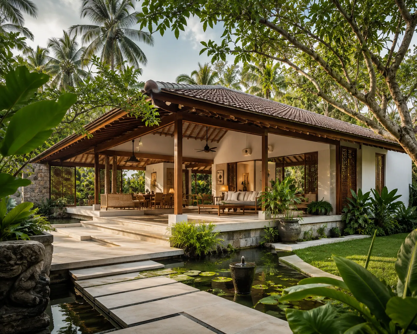 A lush landscape showcasing tropical plants complementing tropical architecture.