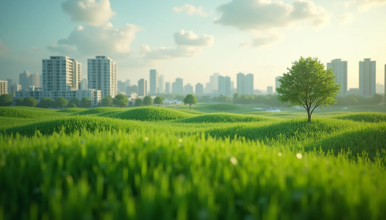 High angle view of a green landscape with eco-friendly buildings