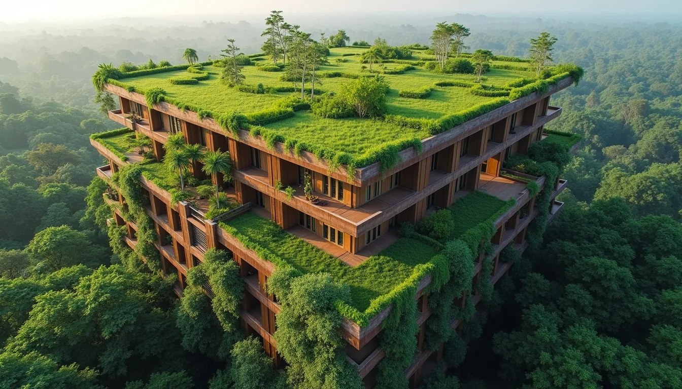 High angle view of eco-friendly building with green rooftop garden in Kerala