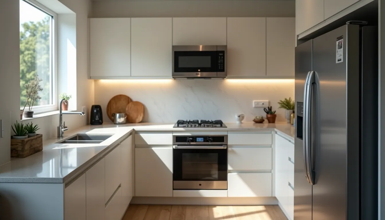 Eye-level view of a modern kitchen with smart appliances and sleek cabinetry