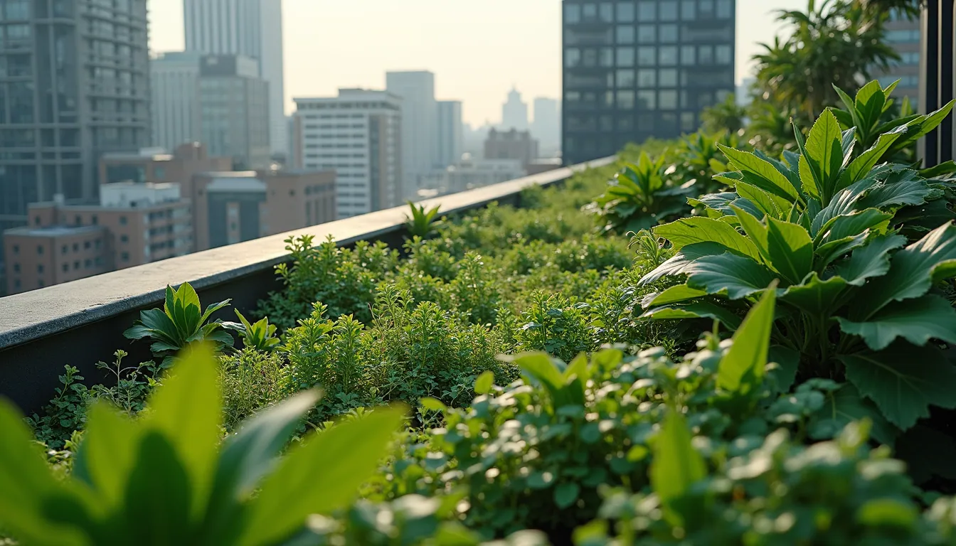 High angle view of a green rooftop garden on an urban building