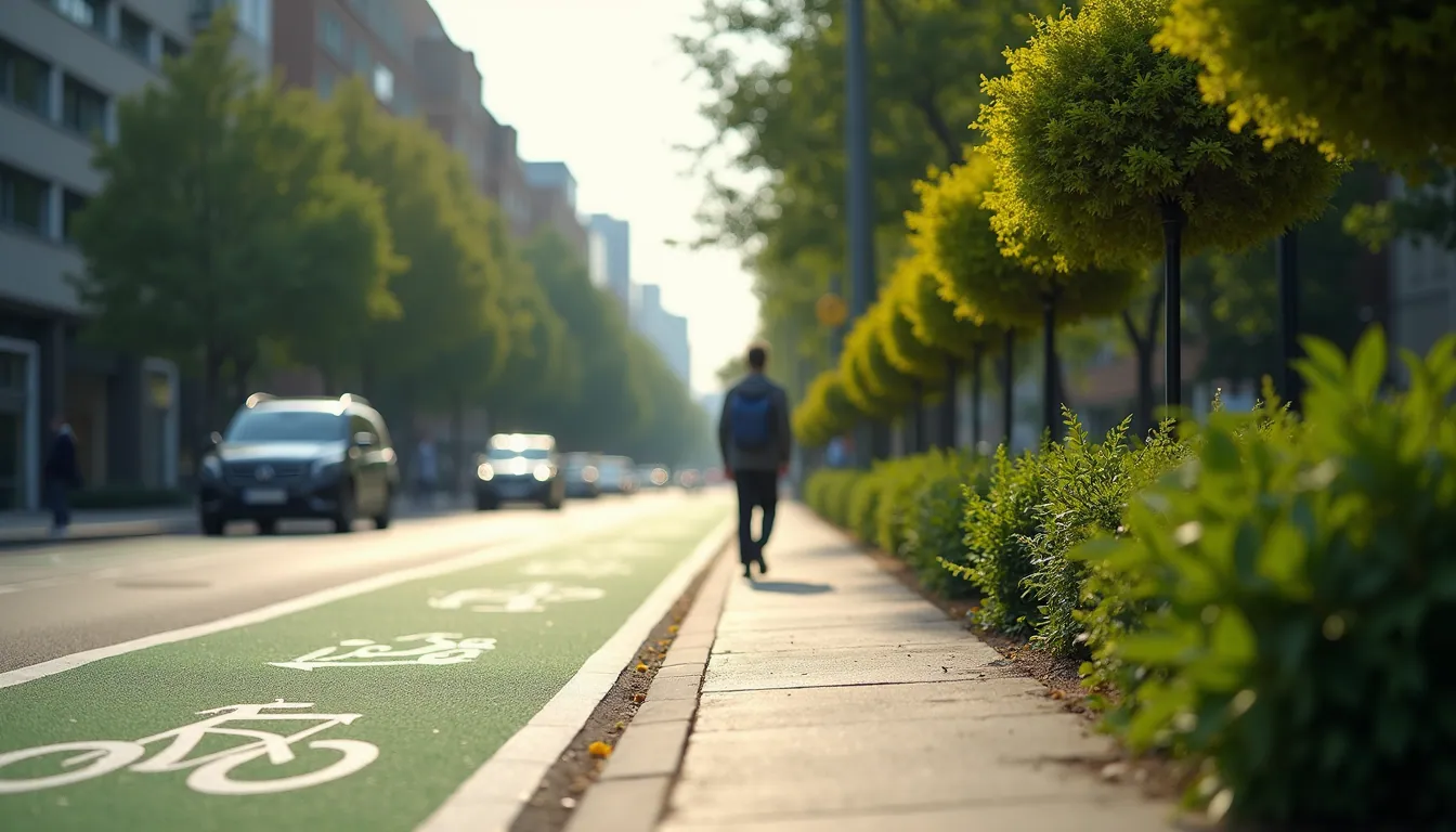 Close-up view of a pedestrian-friendly street with bike lanes and greenery