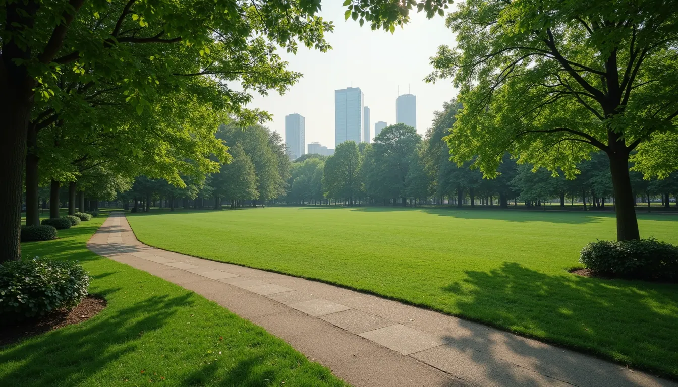 Wide angle view of a city park lush with trees and greenery