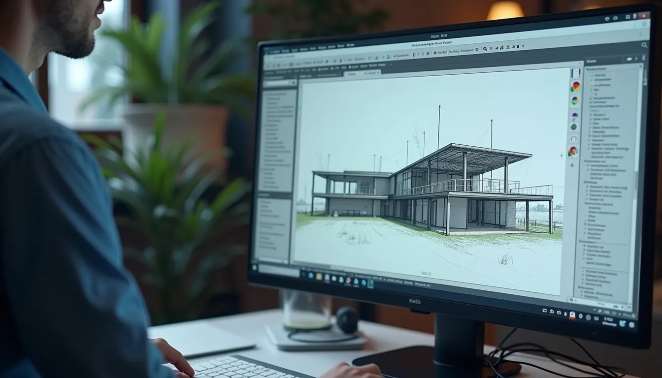 High angle view of AI-powered architectural design software on a computer screen