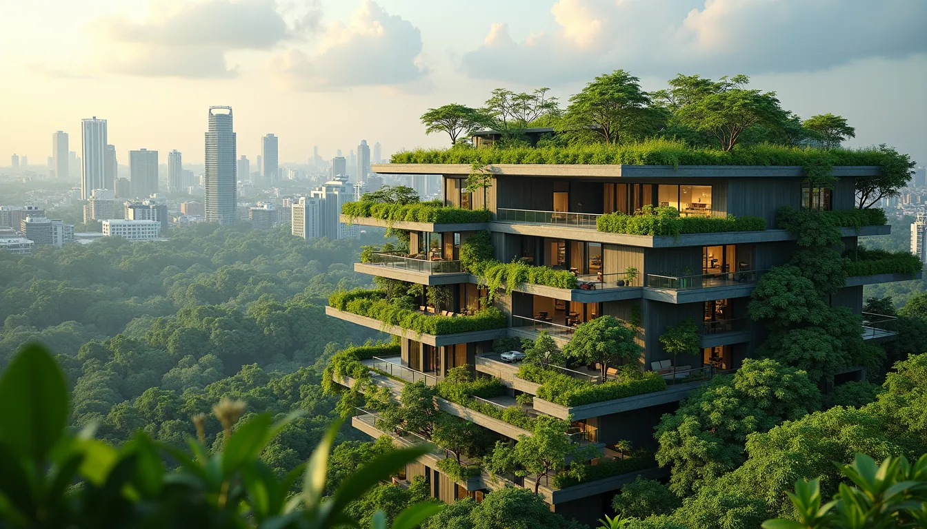 Wide angle view of eco-friendly building with green rooftop garden in urban India