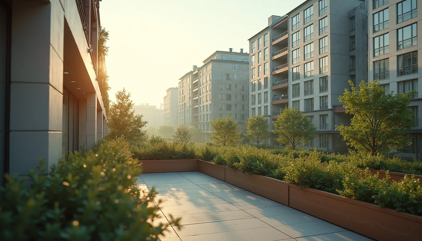 Wide angle view of a residential building with rooftop garden and natural light