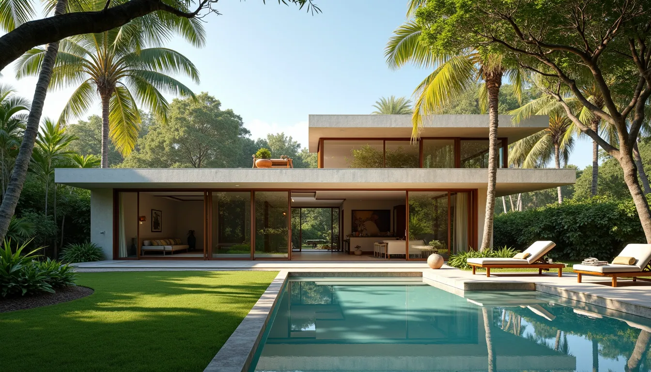 Wide angle view of a modern tropical house with large glass windows and shaded patio