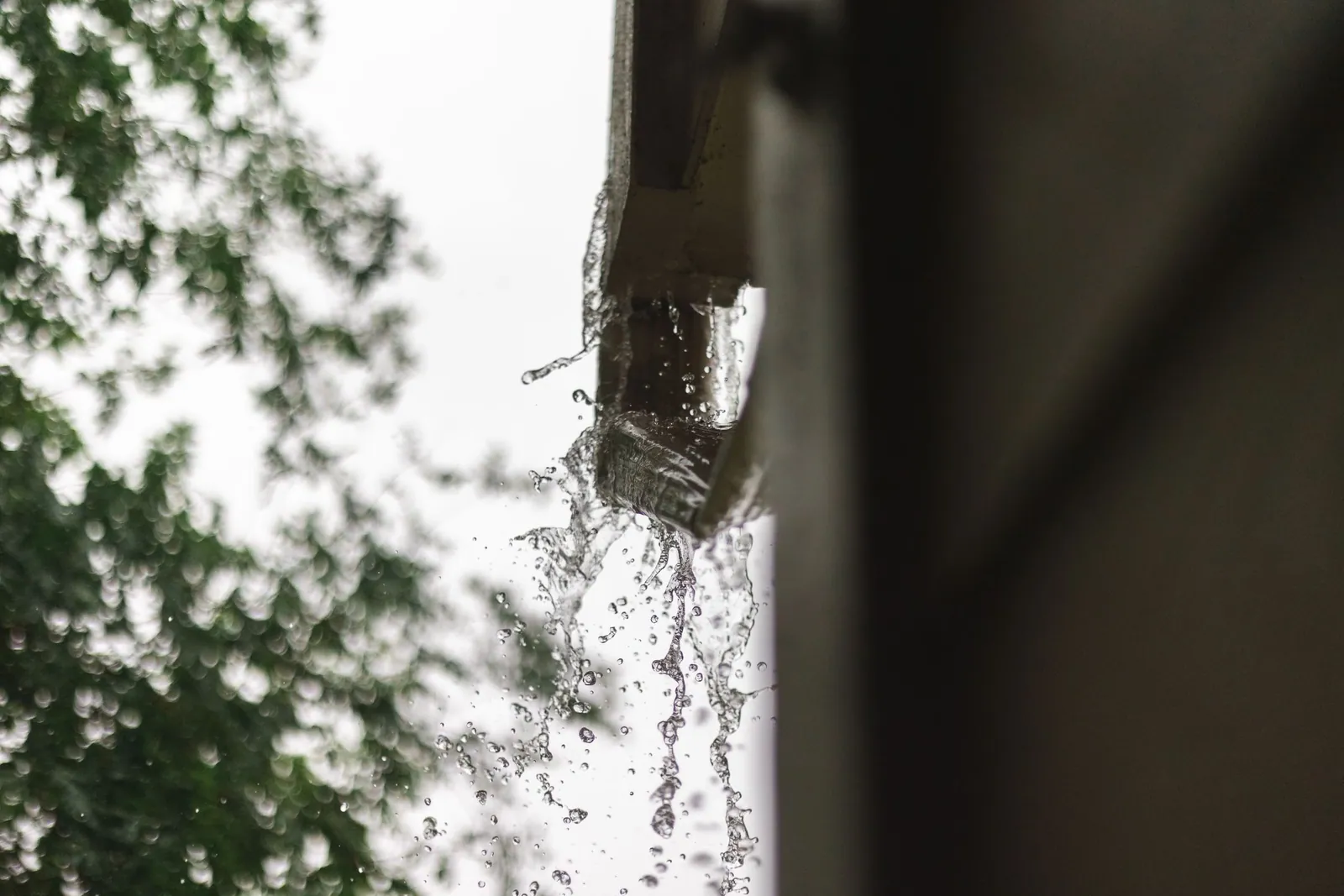 Rainwater passing through a roof gutter